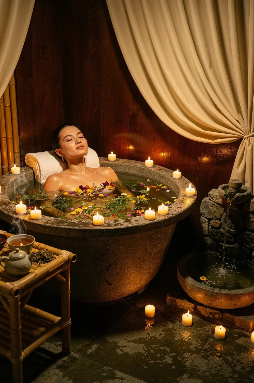 Arbatos paruošimo rinkinys su žolelių maišeliais ir karštu vandeniu.