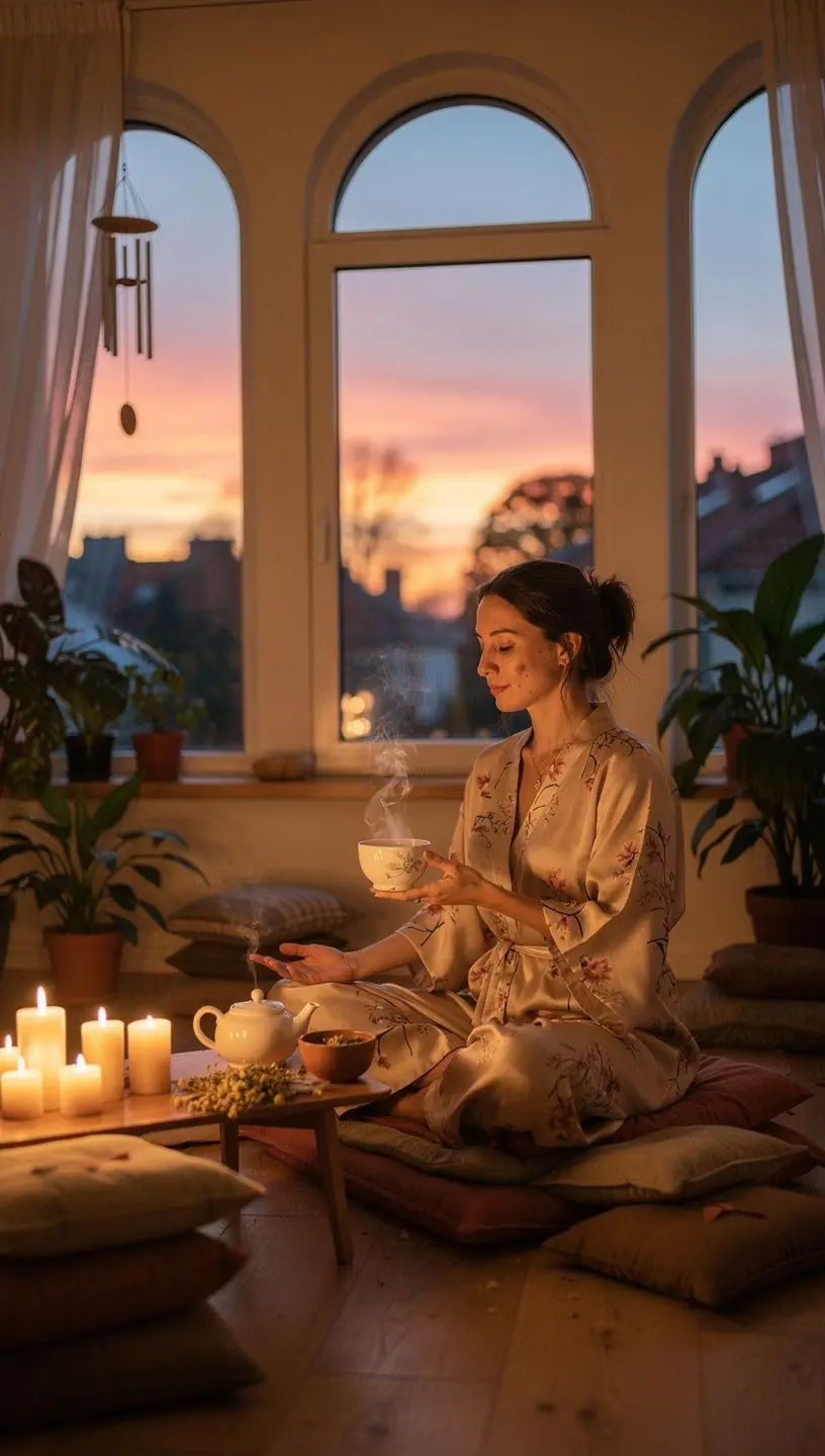 Vakaro ritualas su arbata ir žvakėmis, skatinantis atsipalaidavimą.