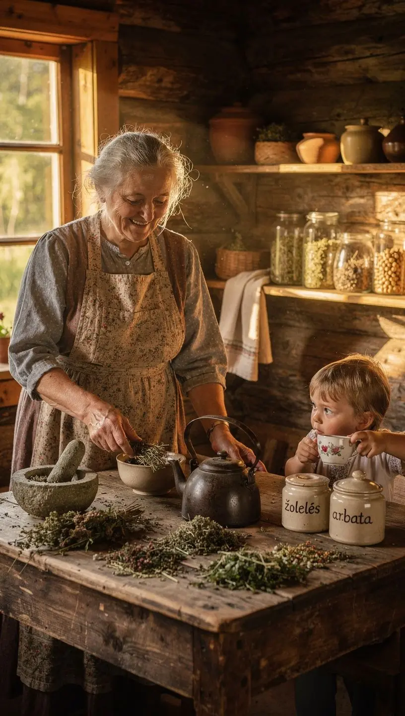 Pipirmėčių ir ramunėlių žolelių arbata ant stalo su mediniu šaukštu.
