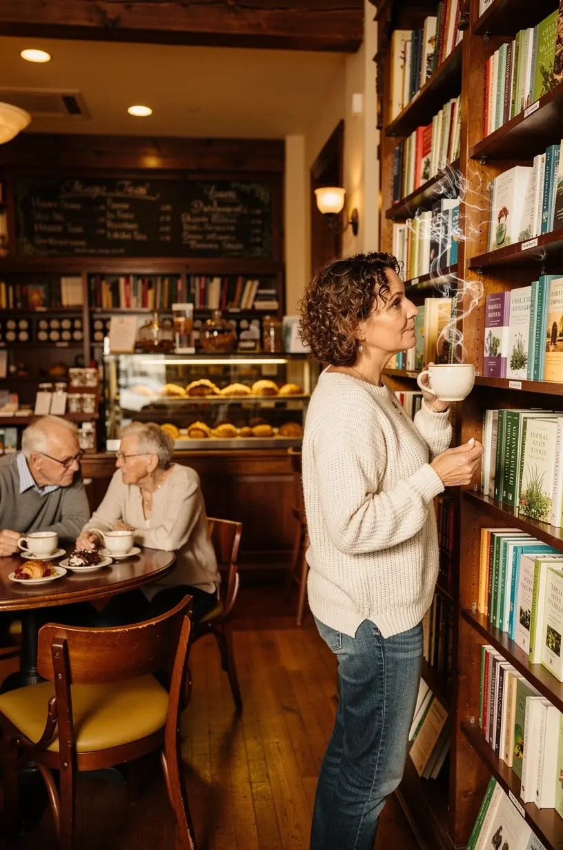 Ramus vakaro skaitymo kampelis su arbatos puodeliu ir knyga ant stalo.