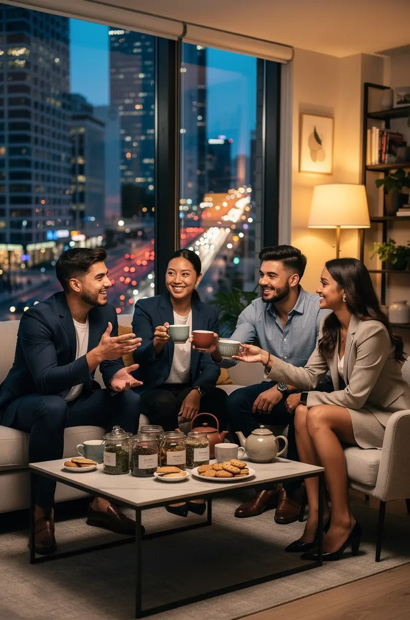 Moteris tyliai gurkšnoja žolelių arbatą prie lango vakaro šviesoje.